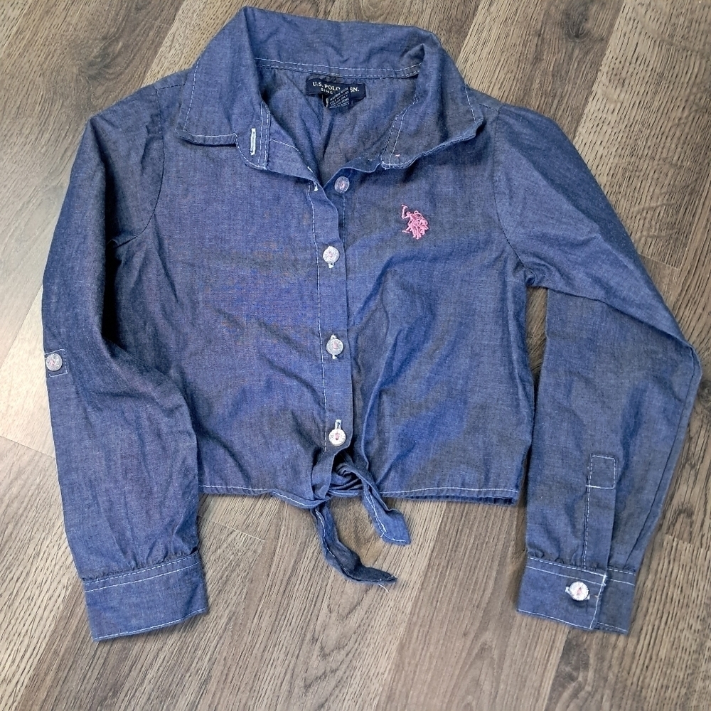 Girl’s U.S. Polo Assn. Blue Denim Button Down Shirt With Tie Size 5 Pink Pony